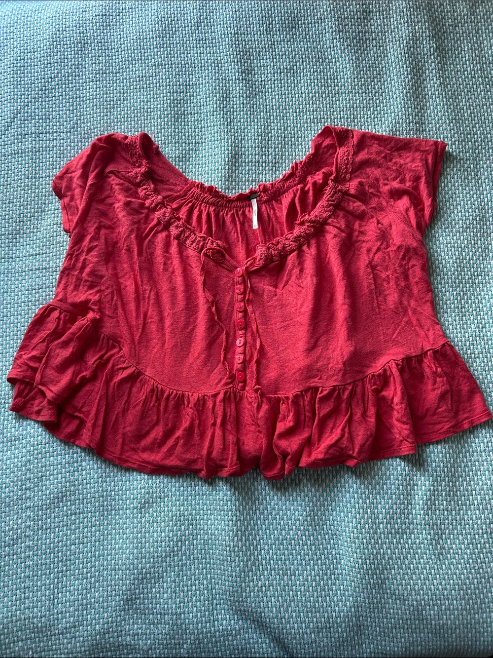 Free People Red Ruffle Crop Button-Front Top
